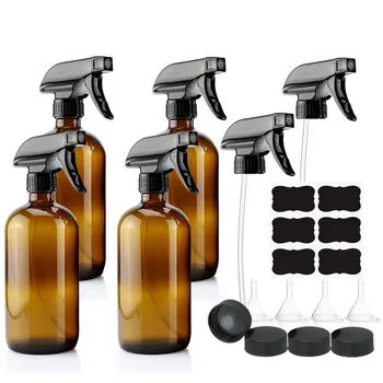 

500ml Empty Amber Glass Spray Bottle with Black Trigger Sprayer & Labels for Essential Oils Cleaning Aromatherapy 16 Oz - 4 Pack