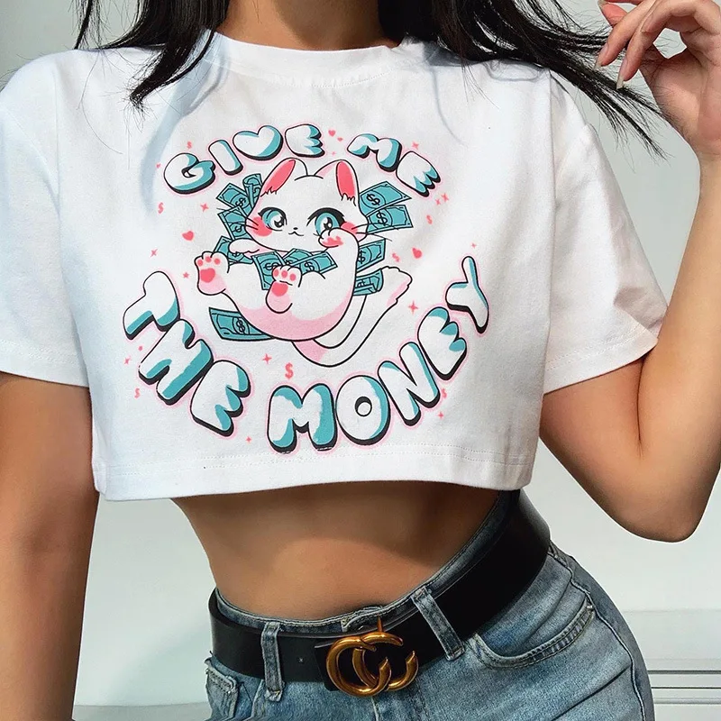 

T Shirt Woman Cartoon Print Crop Top Sexy Short Sleeve Round Neck Shirt Summer Sweet Cat Print Slim Short Top Clothes For Women