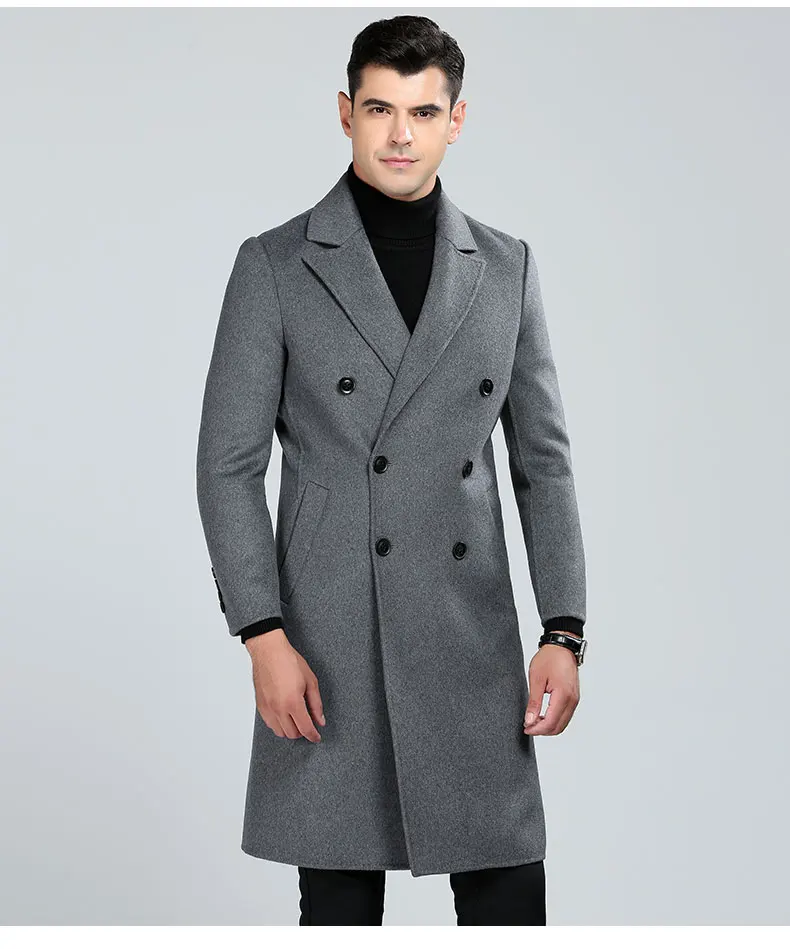 Aismz Mens Double Sided Wool Coat Winter Cashmere Jacket Man Long Section Double Breasted Overcoat Casual European style fashion