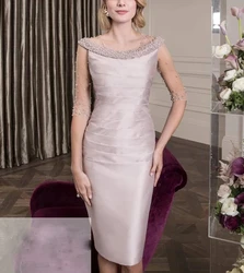 Half Sleeves Mother Of The Bride Dresses Sheath Knee Length Pearls Plus Size Short Groom Mother Dresses For Wedding