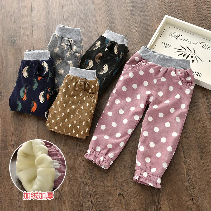 Г. Осень-зима, стиль, корейский стиль, для девочек, с начесом и толстым принтом, милые вельветовые Модные теплые брюки, леггинсы