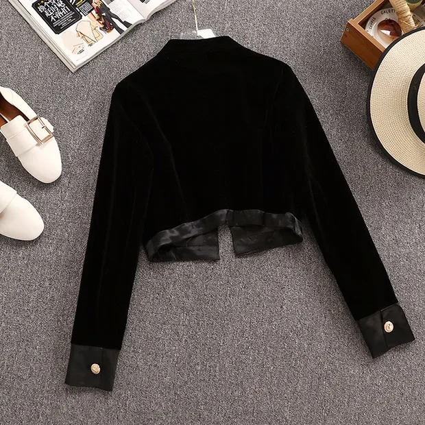 New Autumn Winter 2021 Short Black Double Breasted Palace Style Coat Women + High Waist Wide Leg Shorts Women's Two Piece set matching top and trousers set