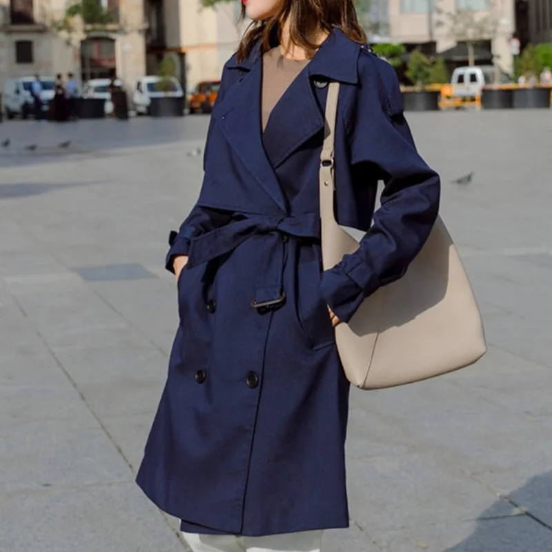 Navy Blue Осенний Женский Тренч, отложной воротник, пояс, длинный рукав, пальто, повседневный Тренч, женский,, зимний Корейский свободный, элегантный, верхняя одежда - Цвет: Navy Blue