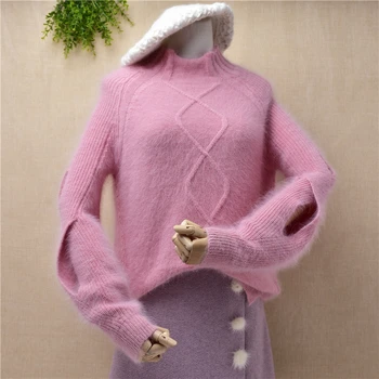 

ladies women fashion sweet pink autumn winter thin angora rabbit fur knitted turtleneck long sleeves mink fur jumper sweater top