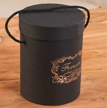 

165X120mm Creative Round Flower Bucket Paper Black Gift Boxes Candy Cake Dragee Baptism Wedding Wrapping Packaging with Handles
