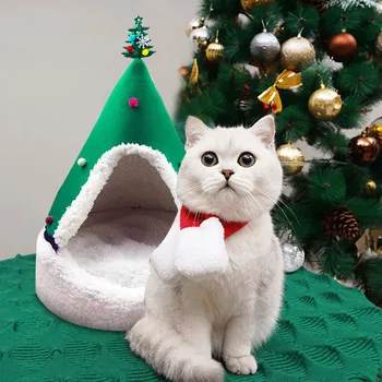 

Christmas Cat Bed House Cute Cat House Half Closed Christmas New Year Warm Soft Winter Pet Cat Litter House Home#50