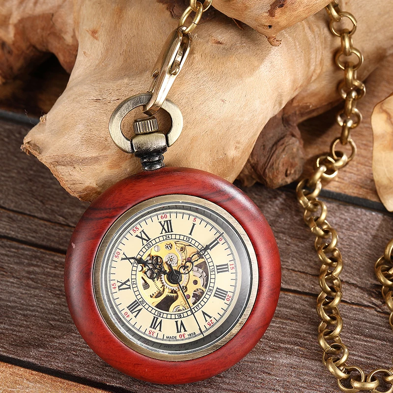 Luxury Wooden Mechanical Pocket Watch for Men Natural Red Sandalwood Wood Case Gold Back Engraved Fob Chain Clock Dropshipping
