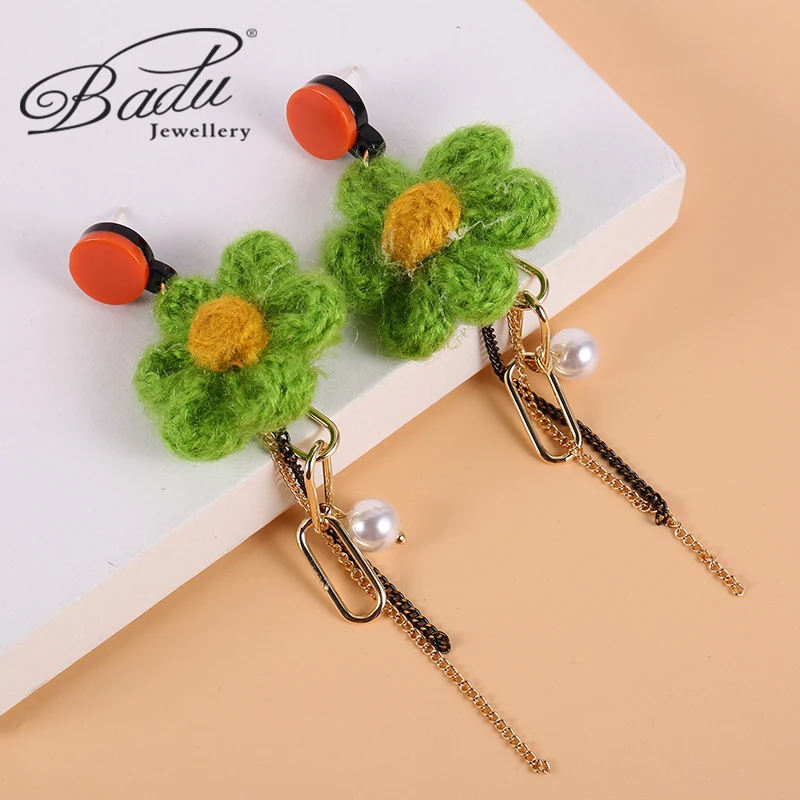 Badu Korea Hand Made Sweet Flowers Knitted Wool Woven Flower Earrings for Women Special Gifts Party Jewelry Autumn and Winter | Украшения и