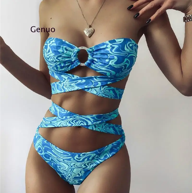 

2021 Wrap Around Bandeau Printed Bikini Women Swimwear Female Swimsuit Two-Pieces Bikini Set Bather Bathing Suit Swim Lady