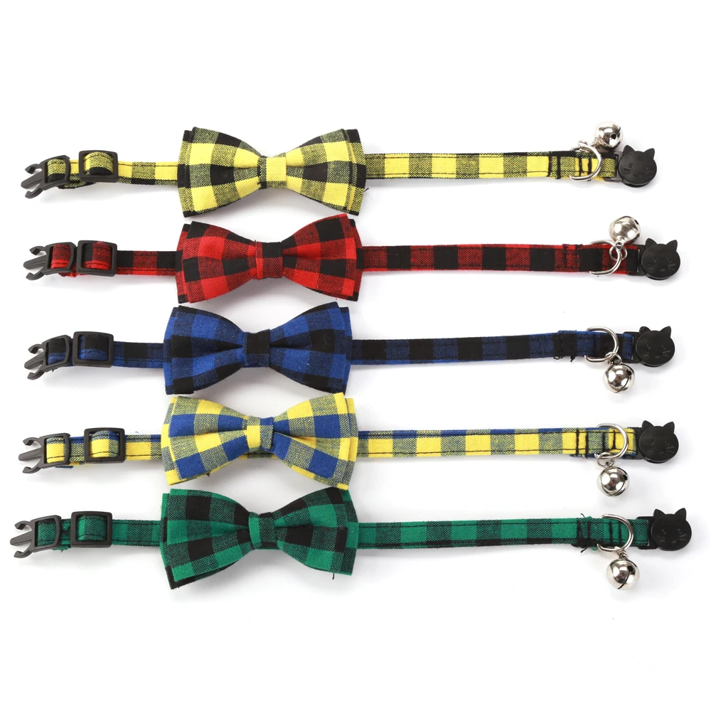 

Cat Collar with Detachable Bow Tie Bell Plaid Kitten Collars Safety Buckle Puppy Cat Kitten Collar 17-27cm