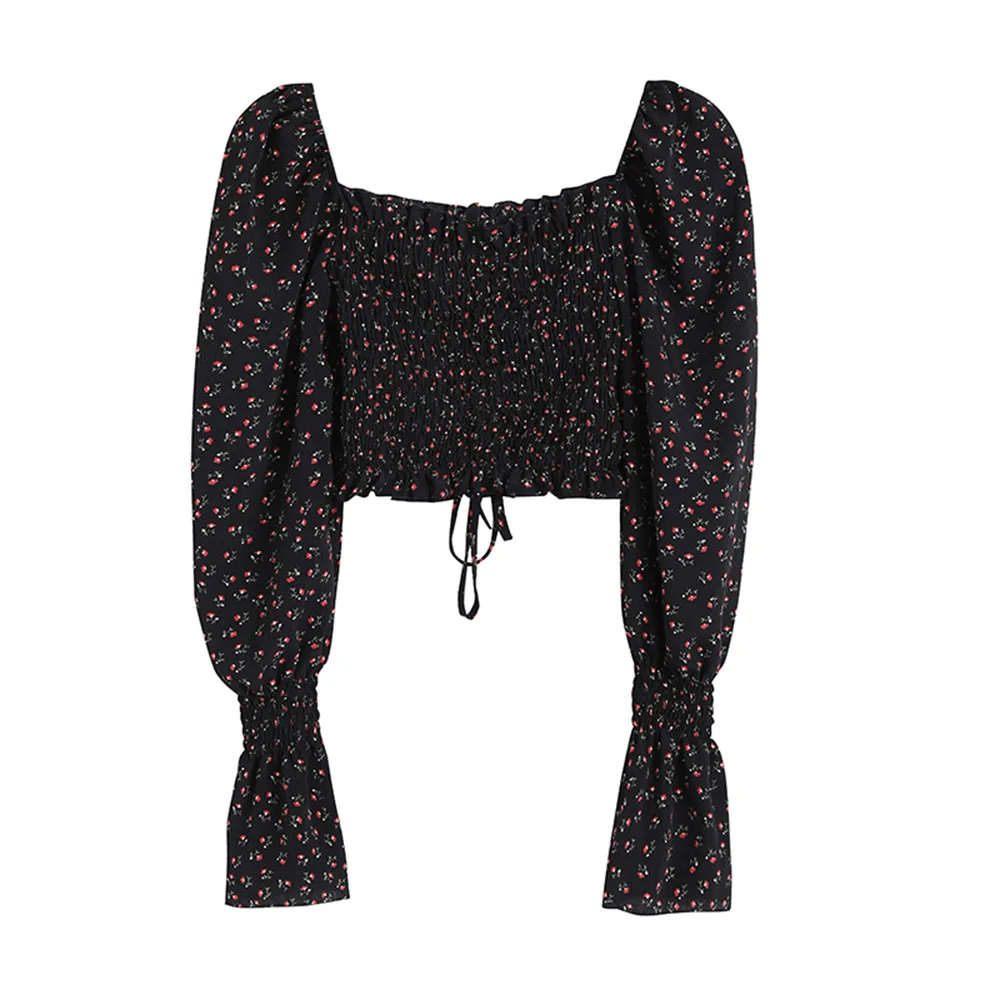 Vintage Boho Women Blouse Floral Pleated Lace-Up Square Neck Pullover Long Sleeve Slim Preppy French Romantic Casual Lady Top