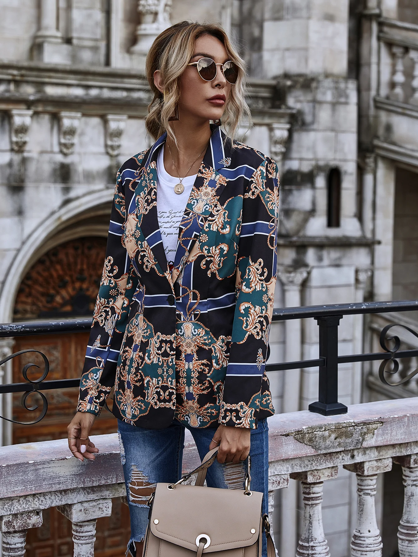 2020 new ladies lapel retro print slim fit blazer women long sleeve single breasted top
