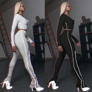 

Simenual Reflective Stripe Workout Matching Sets Fashion Sporty Casual Women 2 Piece Outfit Long Sleeve Zipper Top Pants DT2035