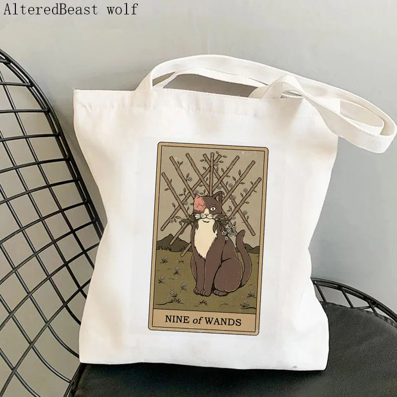 Women Shopper bag Nine of Pentacles cat Tarot Bag Harajuku Shopping Canvas Shopper Bag girl handbag Tote Shoulder Lady Bag