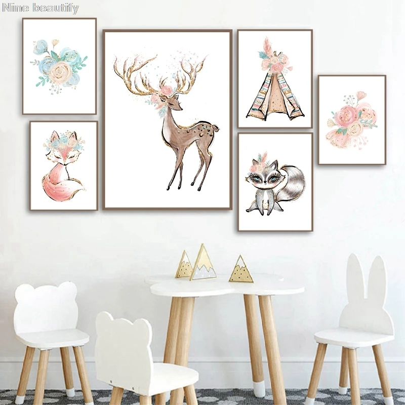 Милые постеры в стиле бохо с животными лисами оленями и принтами скандинавском