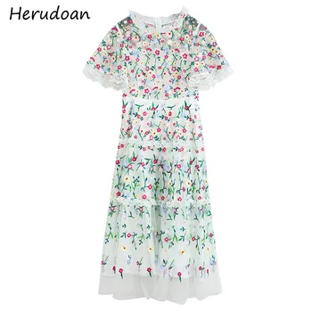 

Herudoan Fashion Designer Dress Women Flare Sleeve Lace Flowers Embroidery Summer Vintage Female Mesh Midi Dress Vestoidos