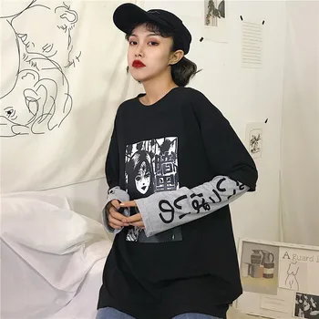 

2020Fashion Women Casual Fake 2Pieces Long Sleeve T-Shirt Harajuku Japanese Diablo Comics Unisex Loose vintage Hip Hop vegan Top
