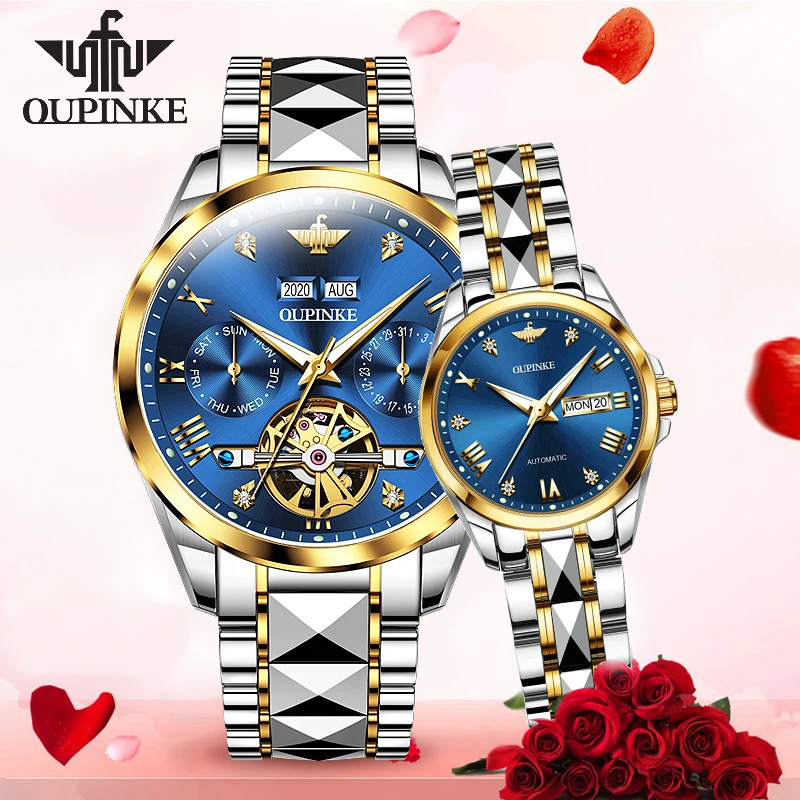 Big Deal Automatic Watch Mechanical OUPINKE Luxury Couple Chronograph Classic Sapphire Blue Waterproof Myw5enM6YGk