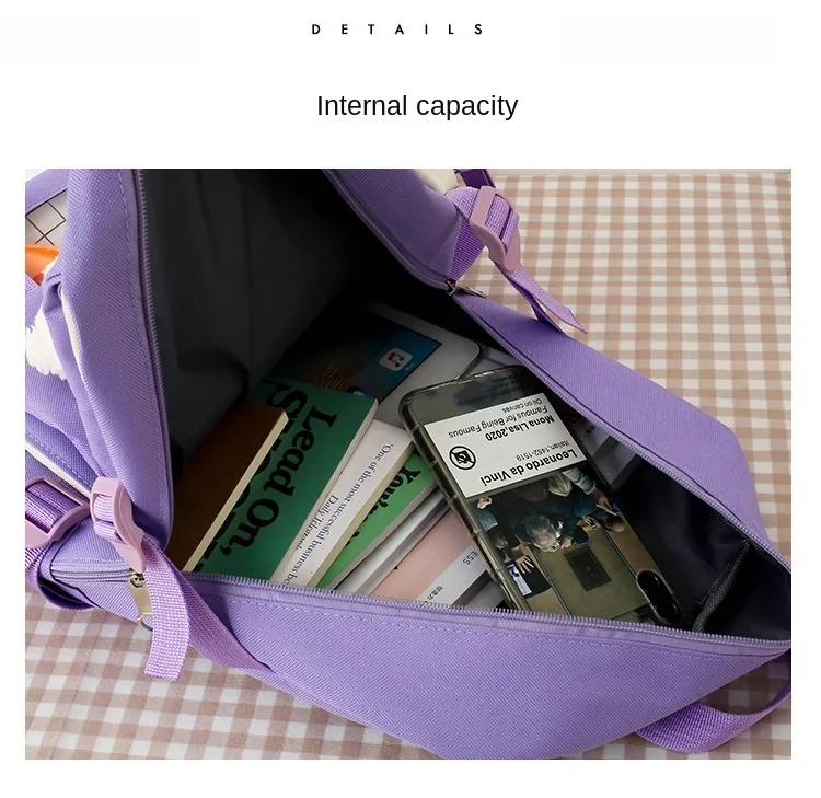 2021 New 4 Pcs Set Kawaii Women's Backpack Purple Colours Cute Canvas School Bags for Teenage Girls College Student Kids BookBag