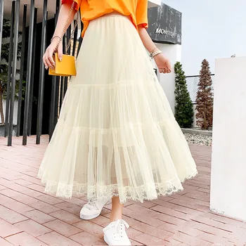 

LANMREM 2020 New Spring Summer High Waist Solid Color Lace Up Mesh Skirt Women Korea Loose A-line Popular Bottom Tide PD922