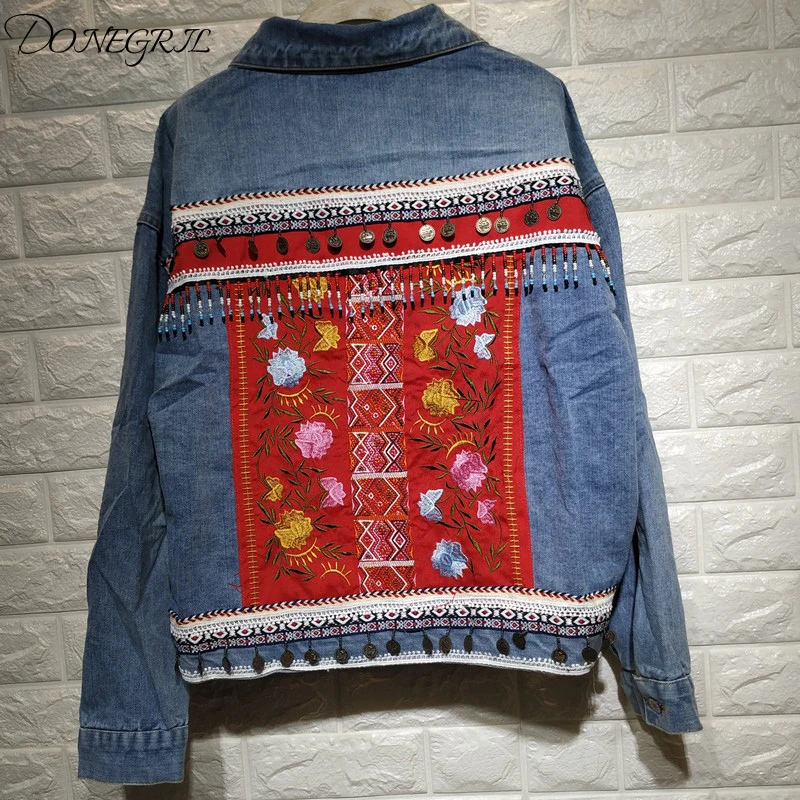 

2020 New Loose Ethnic Style Embroidery Nail Pearl Cowboy Top Womens Long Sleeve Jeans Coat Girls Vintage Jean Jackets