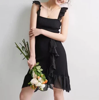 

Sleeveless lace ruffled women dress Elegant temperament black sling slim knit dress 2020 spring summer new