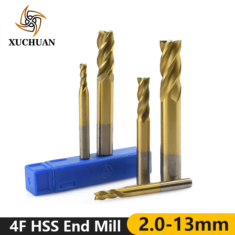 Set of 10 Pcs 4 Flute High Speed Steel End Mill Tin Coated Center Cutting