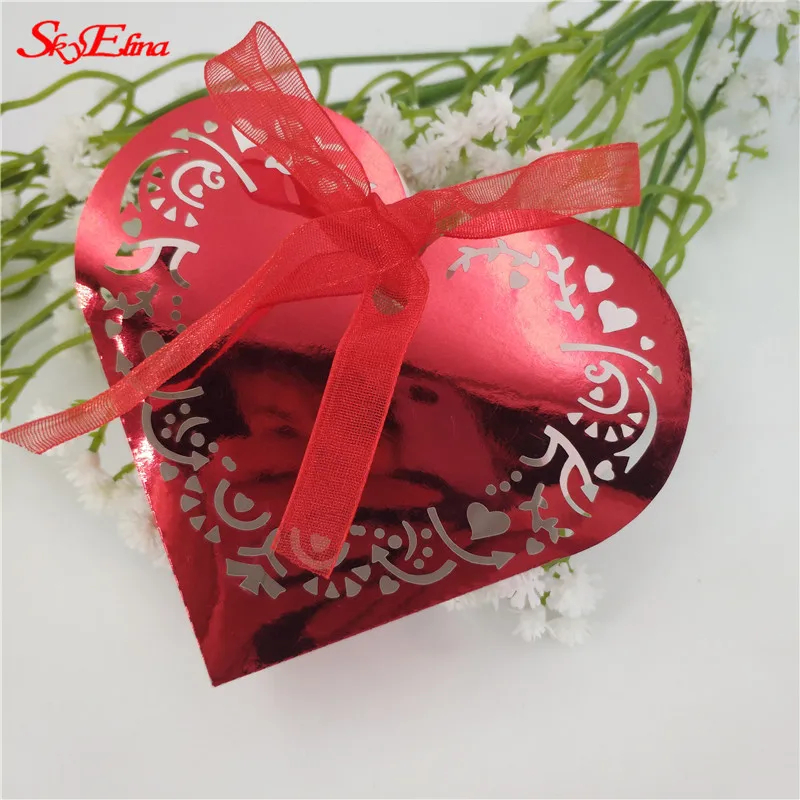 50 шт Подарочная коробка конфет на свадьбу с сердечком для романтической свадьбы, вечеринки сладости 5zSH152 - Цвет: Bright Red