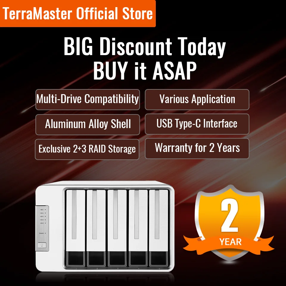 TerraMaster D5300C USB3.0(5Gbps) Type C 5Bay RAID Enclosure Support