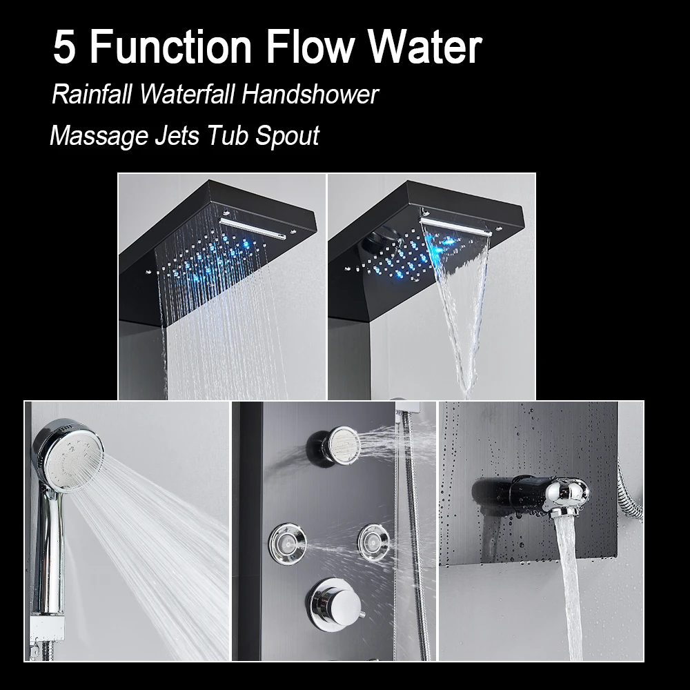 LED Light Shower Panel Waterfall Rain Shower Faucet Set  SPA Massage Jet Bath Shower Column Shower Mixer Tap Tower 3