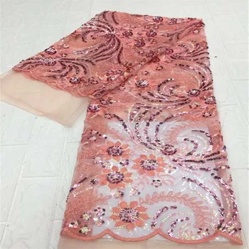 

Peach African Sequins Lace Fabric 2020 French Embroidery Sequin Tulle Fabric African Lace Fabric For Aso Ebi Wedding