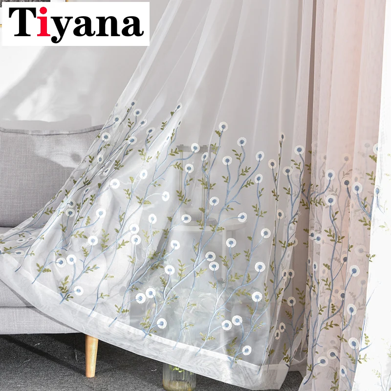 

White Sheer Voile Curtains Panels Embroidered Leaves Tulle for Kitchen Living Room Window Curtain Drapes P13X