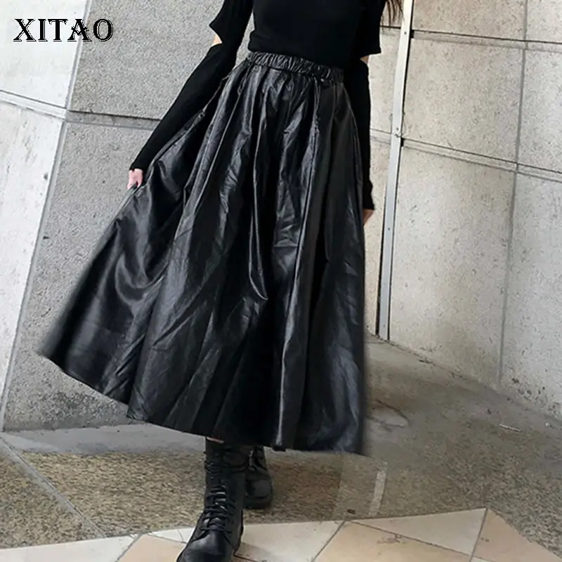 XITAO, черная модная плиссированная юбка, эластичная талия, длинная, искусственная кожа, высокая талия, винтажная, свободная, повседневная, маленькая, свежая юбка, DMY1793