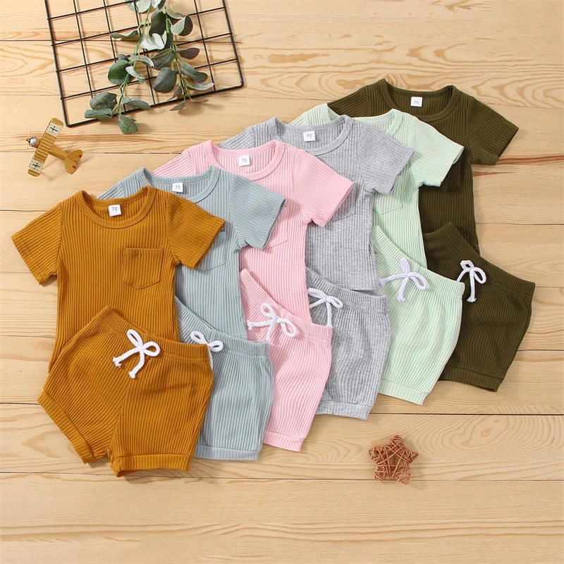 2022 Summer New Infant Baby Girls Boys Outfits Clothing Set Ribbed Knit Short Sleeve T-shirt+Shorts Solid Kid Cotton Clothes Set baby clothes set gift