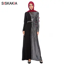Siskakia мусульманские Вечерние платья Элегантное роскошное платье с пайетками ислам Дубаи арабское турецкое модное лоскутное платье + пояс
