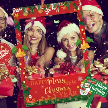 

Behogar 2pcs Double Sided Merry Christmas Funny Photo Booth Props with 1pcs Selfie Frame for Xmas Winter Holiday Party Supplies