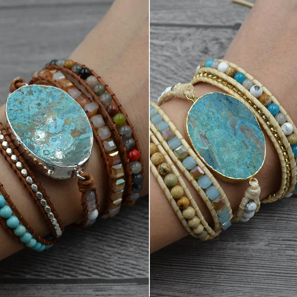 Unisex Retro Natural Stone Vintage Charm RFID Blocking Bracelets Wristband Gift Leather Mixed Handmade Unique