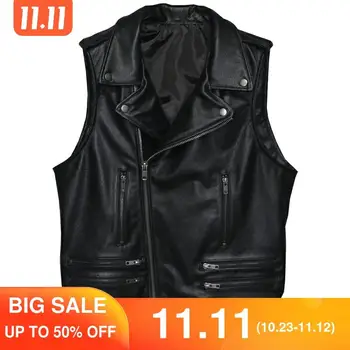 

2020 Black Slim Fit Biker's Style Leather Vest Men Large Size XXXL Genuine Cowhide Spring Diagonal Zipper Motorcycle Vest