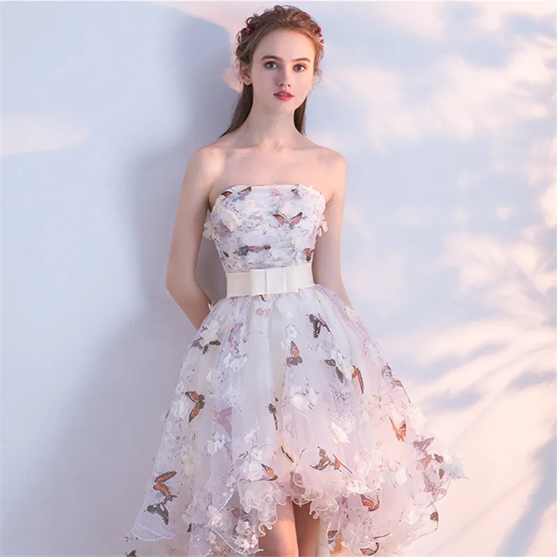 It's YiiYa Strapless Pleat Lace Up High low Asymmetry Vintage Elegant Flowers Taffeta Prom Gown Dancing Party Prom Dresses LX018