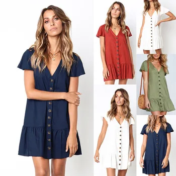 

2020 Summer Women's Short-sleeved Loose Single-breasted Dress The New Leisure Fashion V-neck Women's Cotton And Linen Dress
