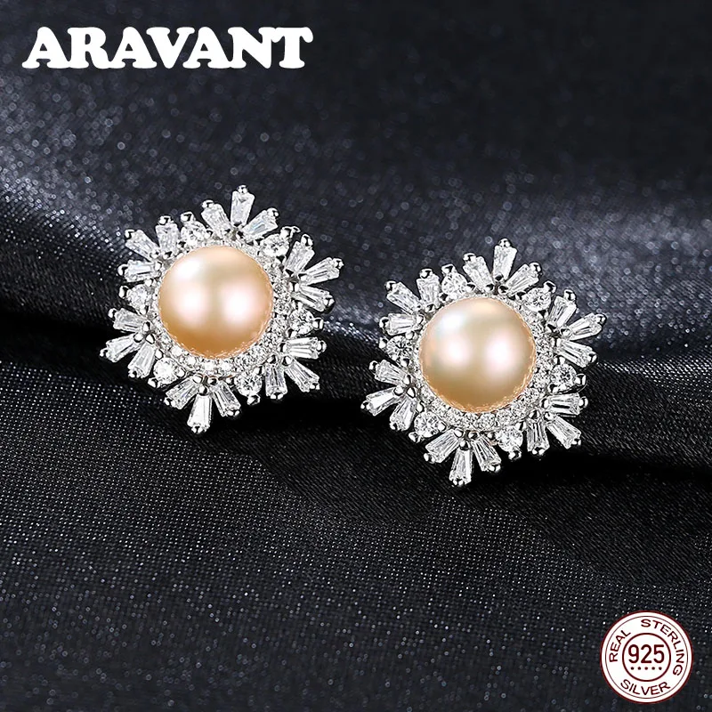 

925 Sterling Silver Elegant Flowers Zircon Stud Earrings Freshwater Pearl Earrins Wedding Pearl Jewelry 3 Colors