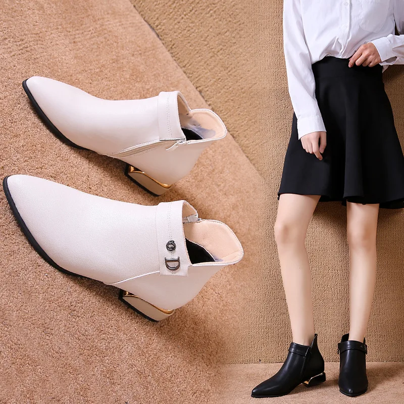 

2019 Autumn And Winter Women's Pointed-Toe-Style Single Boots Short Boots Women's Low Heel White WOMEN'S Boots Chunky Heel plus