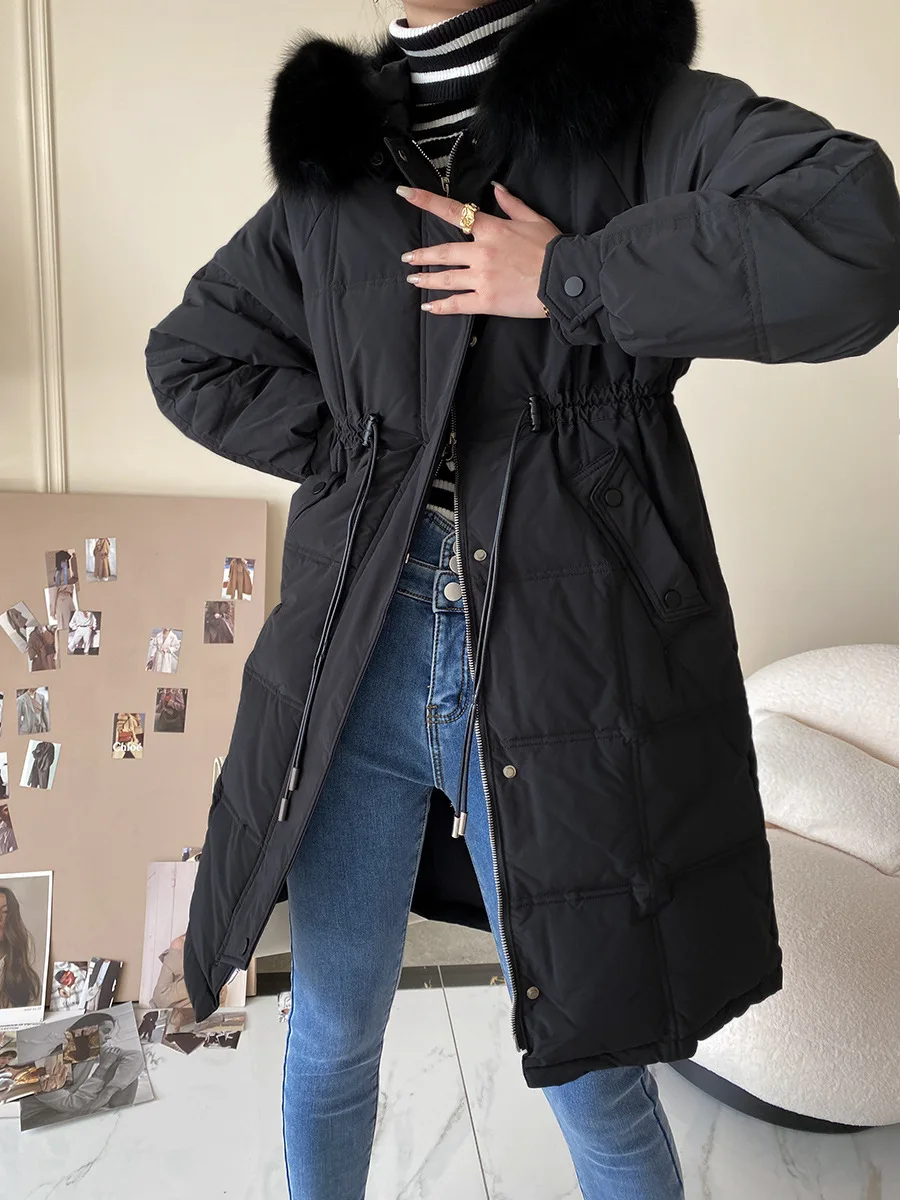 puffy coats High Quality Down Cotton Coat Women Hooded Fox Fur Collar Warm Drawstring Waist Mid-length Jacket New Winter Clothing JD2222 long puffer