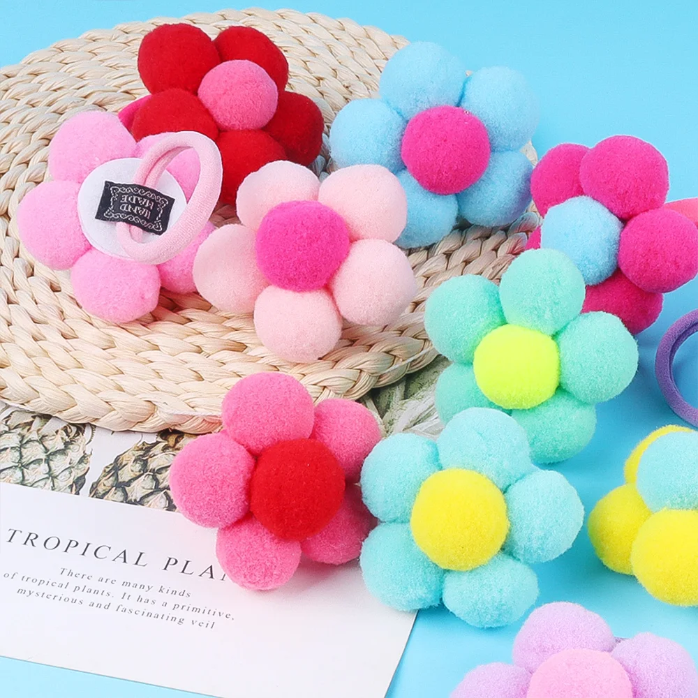 2 stücke Neue Fell Blume Elastische Mädchen Frauen Pferdeschwanz-halter Plüsch Ball Haar Ring Elastische Haar Seil Haar Krawatte Zubehör pompom – Detail 5