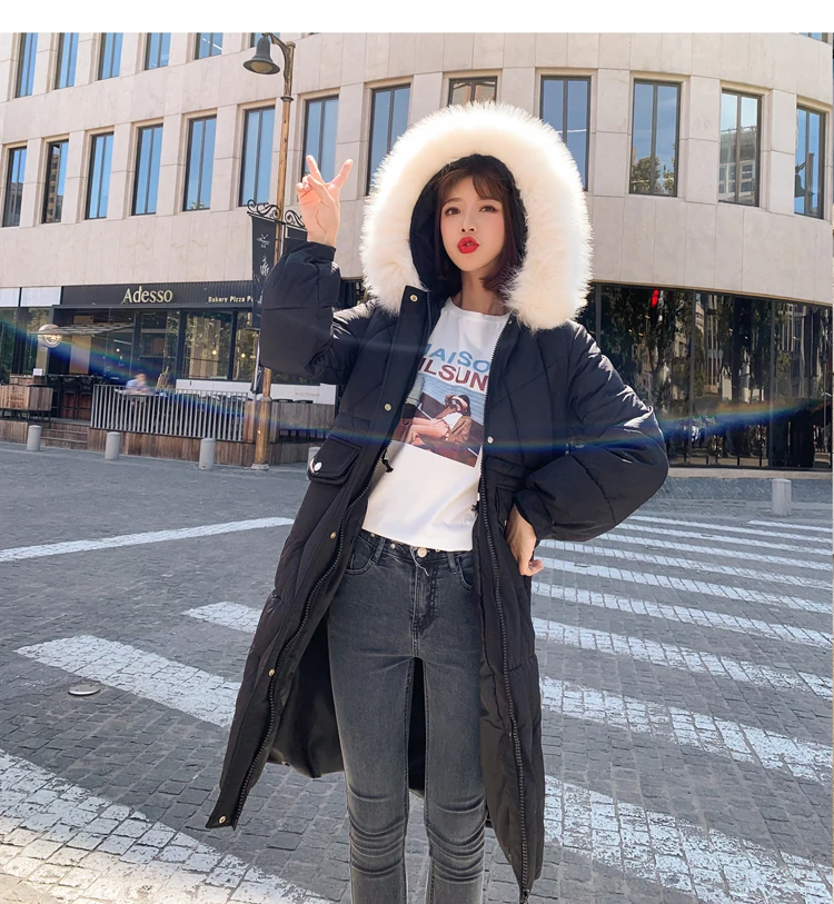 According to Nalini Korean-style Slim Fit Autumn& Winter down Jacket Long Loose-Fit Large Fur Collar Cotton Overcoat Coat