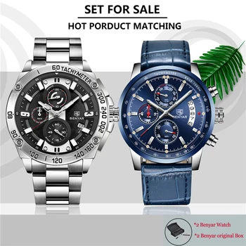 

New Top Brand Luxury Fashion Set Men's Watches Benyar Quartz Steel Wristwatch Men Sport Waterproof Chronograph Relogio Masculino
