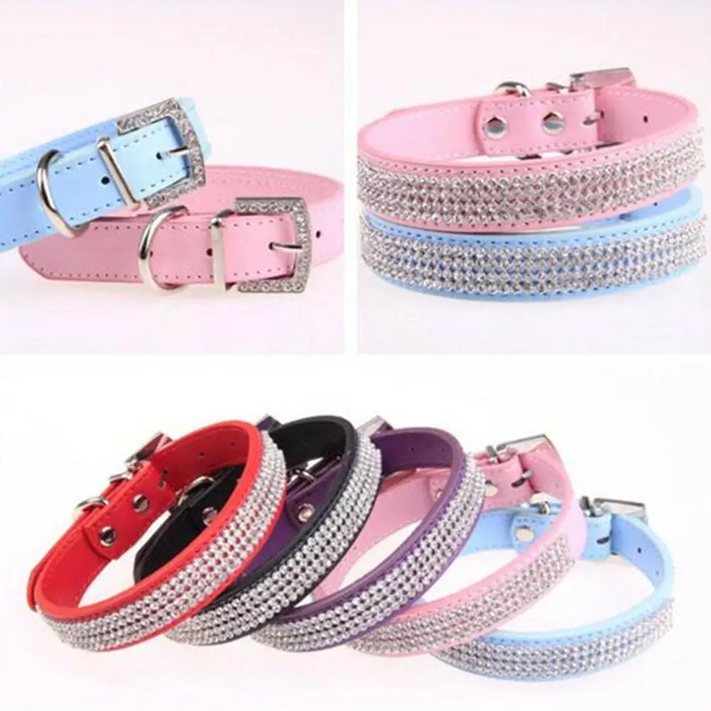 Adjustable Bling Rhinestone Dog Collars Faux Leather Pet Puppy Cat Neck Strap Band Necklace Free Harnesses Supplies | Дом и сад