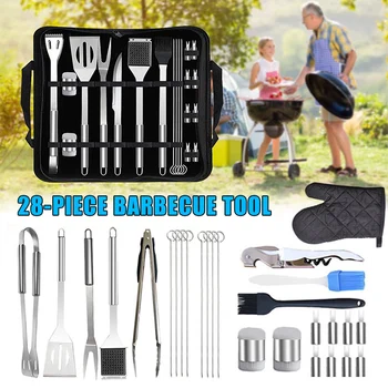 

Grilling Accessories Grill Tools 28pcs/set Stainless Steel Sloted Spatula Fork Cleaning Brush Clamp BBQ Tools Set DIN889