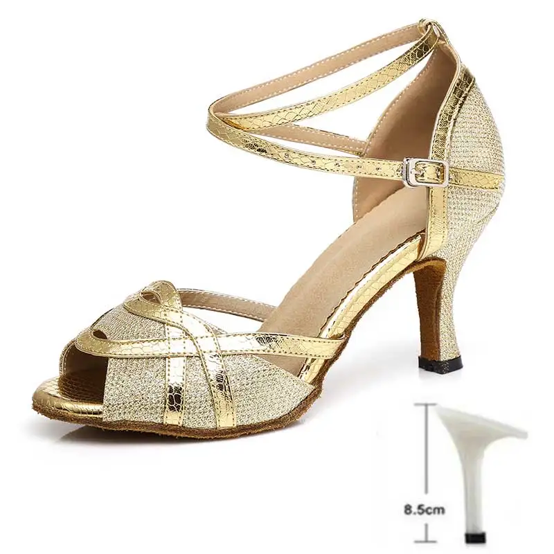 Обувь с волнообразным краем; Zapatos De Mujer; Дамская обувь на высоком каблуке Туфли для латинских танцев для девочек, бальные туфли для сальсы Танцы тапки обувь черного цвета на низком каблуке; 4/6/7,5/8,5/10 см - Цвет: Gold 8.5CM