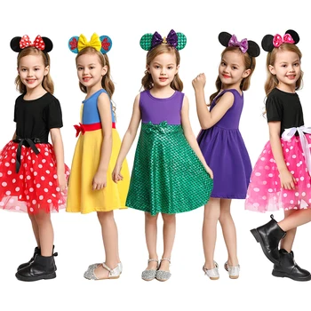 

MUABABY Girls Princess Dress with Headband Summer Mickey Minnie Elsa Anna Moana Rapunzel Snow White Swing Casual Cotton Dresses